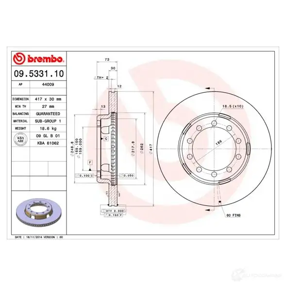 Тормозной диск BREMBO 09533110 8020584533116 B LWL7 790117