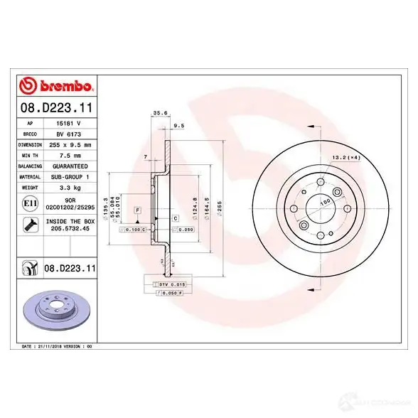 Тормозной диск BREMBO 8PX SQ 1438329339 08.D223.11 изображение 0