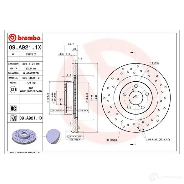 Тормозной диск BREMBO SXPH P 09.A921.1X 8020584225462 1422939194 изображение 3