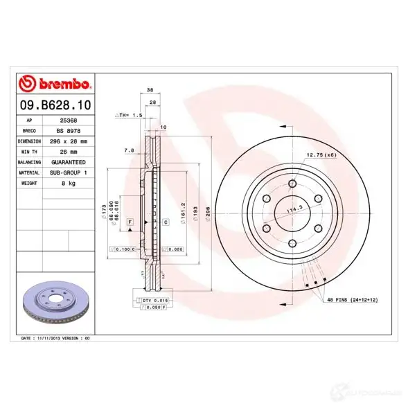 Тормозной диск BREMBO 09.B628.10 791624 8020584039991 J2OI VM изображение 1