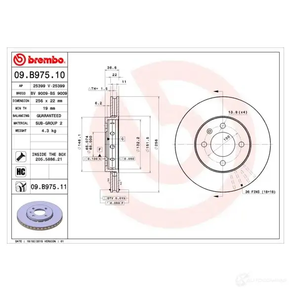 Тормозной диск BREMBO 8020584218761 7AN IDV 09.B975.11 791688 изображение 5