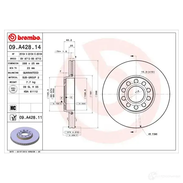 Тормозной диск BREMBO 8020584029152 8SUKM R8 09.A428.11 791289 изображение 4