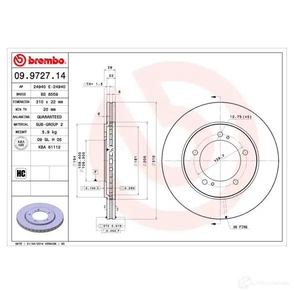 Тормозной диск BREMBO 791046 P O3KR 8020584972717 09.9727.14 изображение 0