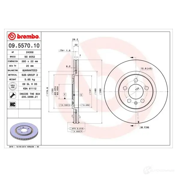 Тормозной диск BREMBO 8020584557013 790158 HZ 81K 09.5570.10 изображение 3