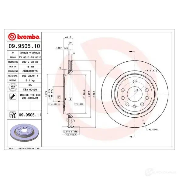 Тормозной диск BREMBO 790970 CE0R D 8020584015957 09.9505.11 изображение 1