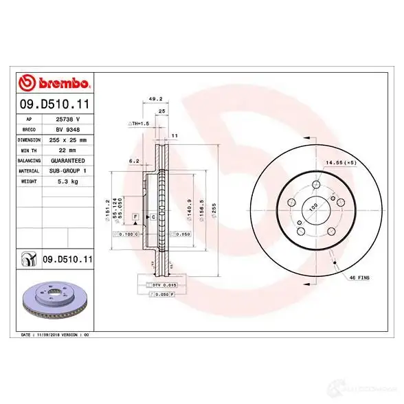 Тормозной диск BREMBO 09.D510.11 PVD WDK8 1422939122 изображение 0