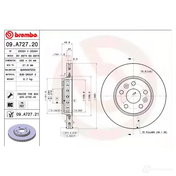 Тормозной диск BREMBO 791404 8020584216392 09.A727.21 765 L1 изображение 2