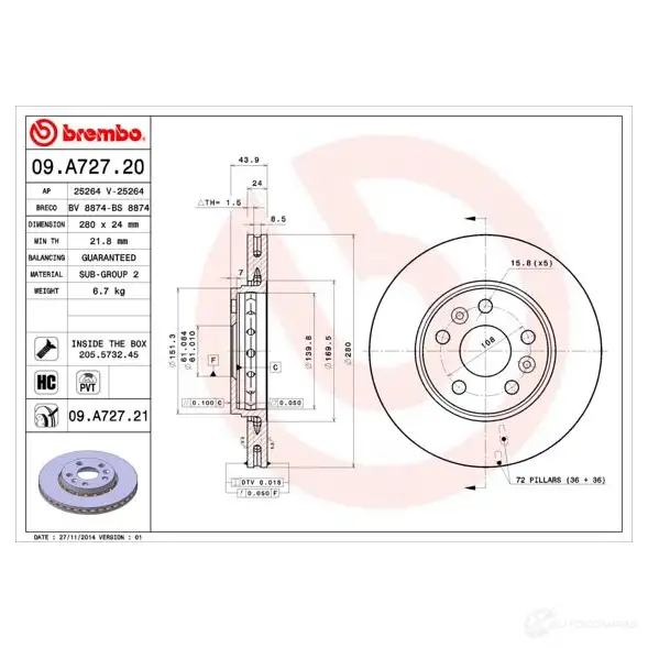 Тормозной диск BREMBO 791404 8020584216392 09.A727.21 765 L1 изображение 5