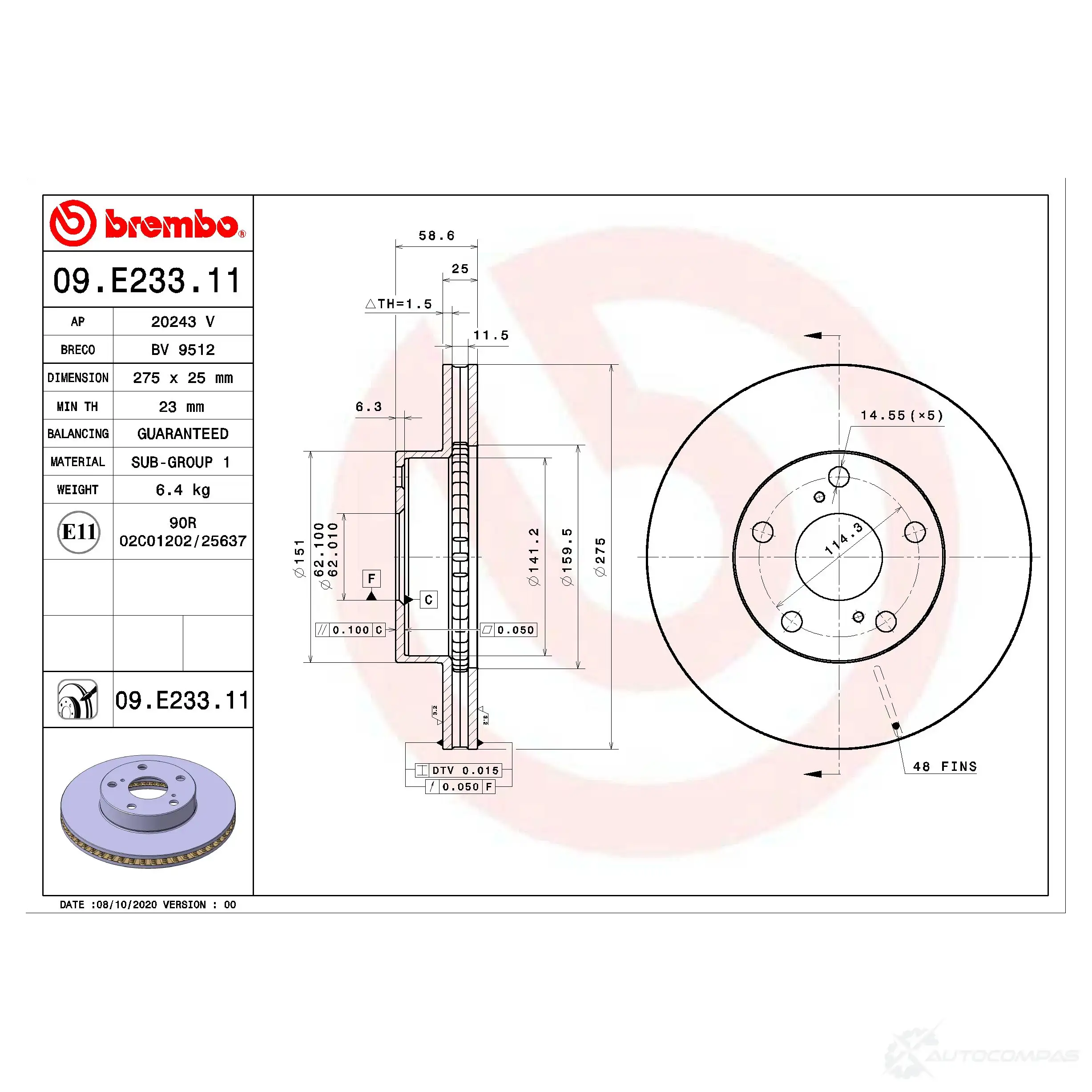 Тормозной диск BREMBO 1438329490 MV9V K 09e23311 изображение 0