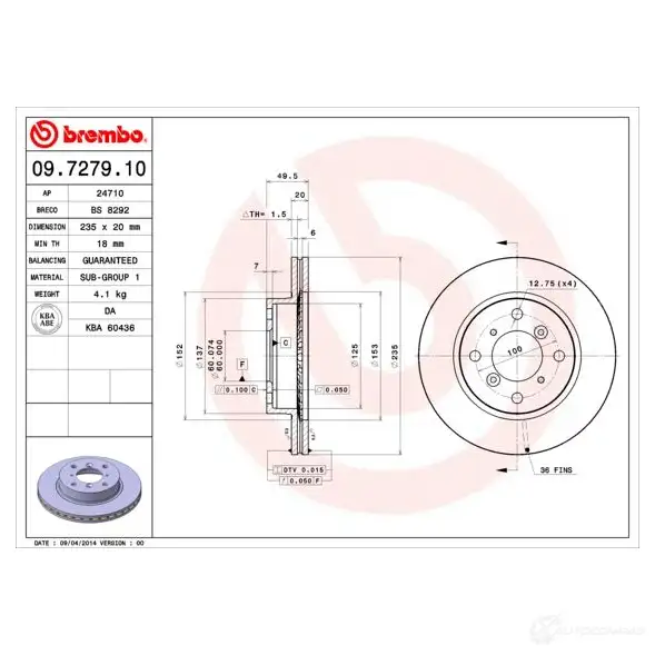 Тормозной диск BREMBO 09.7279.10 790463 8020584727911 F6 IY0CL изображение 1