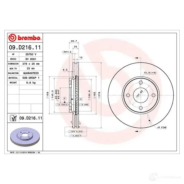 Тормозной диск BREMBO C7O V26 09.D216.11 1438329507 изображение 1