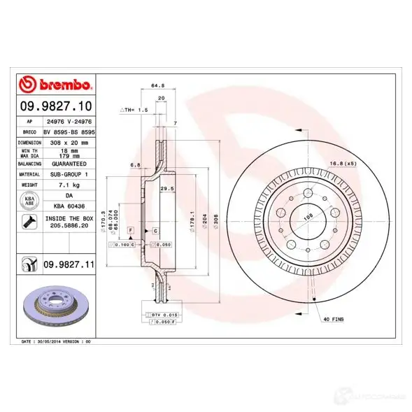 Тормозной диск BREMBO 8020584025581 09.9827.11 791114 JT YSW изображение 4