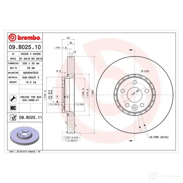 Тормозной диск BREMBO 8020584025918 791507 09b02510 EYH5 Z изображение 1