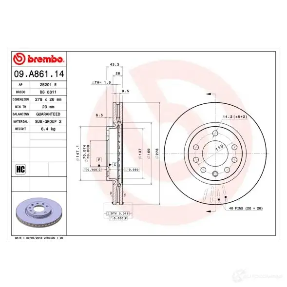 Тормозной диск BREMBO 09.A861.14 7B5W CR 8020584023693 791462 - Изображение 1