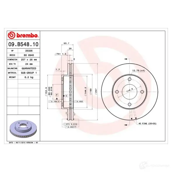 Тормозной диск BREMBO 09.B548.10 791602 DRMT TZ 8020584036334 изображение 1