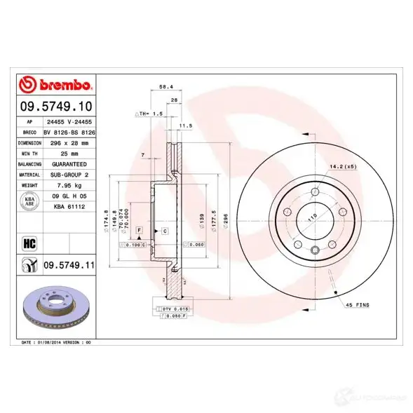 Тормозной диск BREMBO 09574911 790238 8020584022788 Z7 1R8 изображение 0