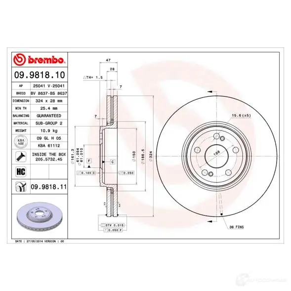 Тормозной диск BREMBO 09981811 791102 R XB5D2L 8020584024195 изображение 4