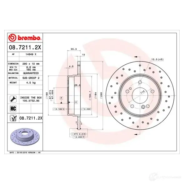 Тормозной диск BREMBO 0872112x 8020584215258 7DXTD OG 789414 изображение 4