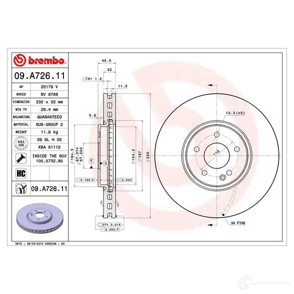 Тормозной диск BREMBO 791399 E1QC W 09.A726.11 8020584020197 изображение 2