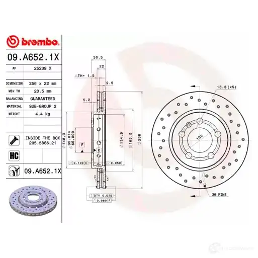 Тормозной диск BREMBO 09a6521x 8020584217719 791381 D SM64 изображение 2
