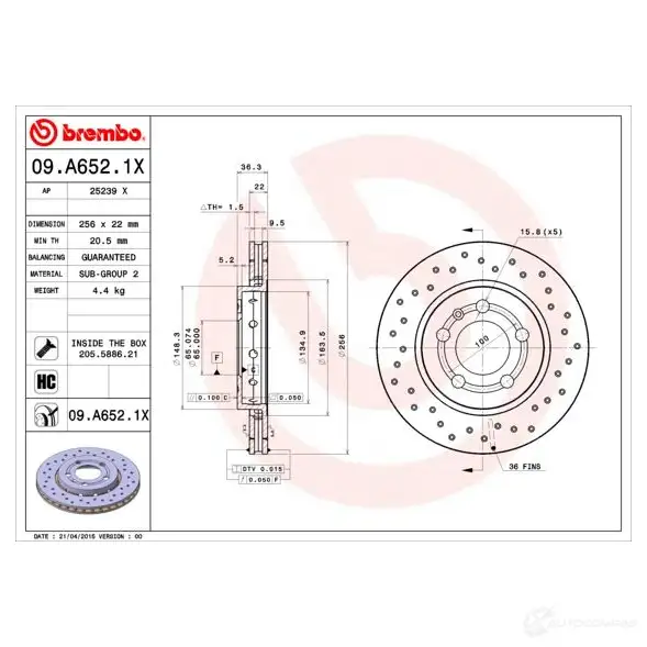 Тормозной диск BREMBO 09a6521x 8020584217719 791381 D SM64 изображение 4