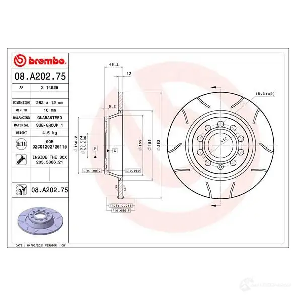 Тормозной диск BREMBO 08.A202.75 1438329552 F5A QP