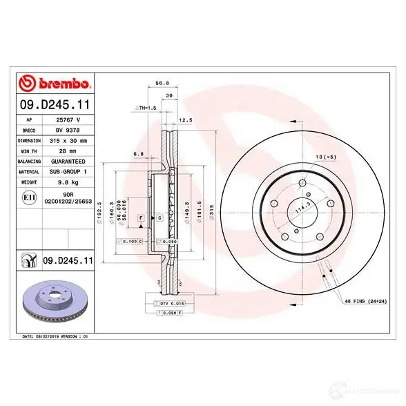 Тормозной диск BREMBO 1438329594 09.D245.11 QM ECDR изображение 4
