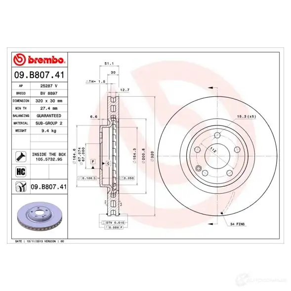 Тормозной диск BREMBO 09.B807.41 791664 R EI94 8020584037539 изображение 0