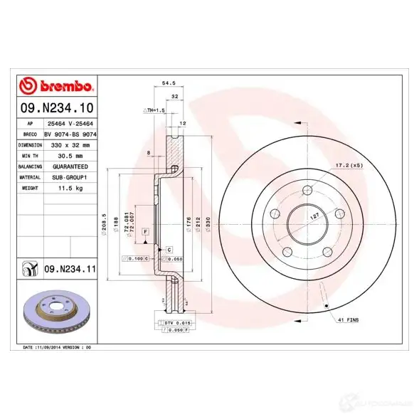 Тормозной диск BREMBO 1210323989 8020584224885 09.N234.11 DM 4YXS изображение 4