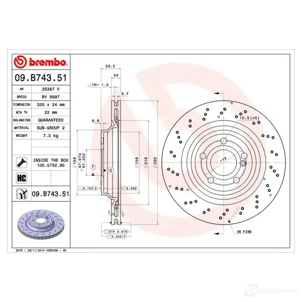 Тормозной диск BREMBO 09.B743.51 8020584038215 XN6L 1YC 791653 изображение 0