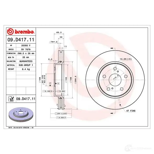 Тормозной диск BREMBO 2 B4P1 1438329608 09.D417.11 изображение 0