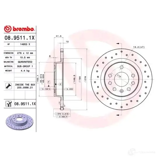 Тормозной диск BREMBO 1PEFG 91 789586 0895111x 8020584215302 изображение 0