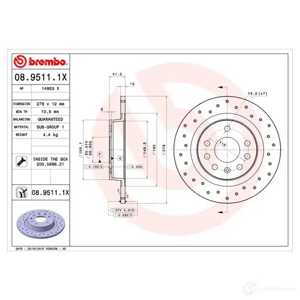 Тормозной диск BREMBO 1PEFG 91 789586 0895111x 8020584215302 изображение 2