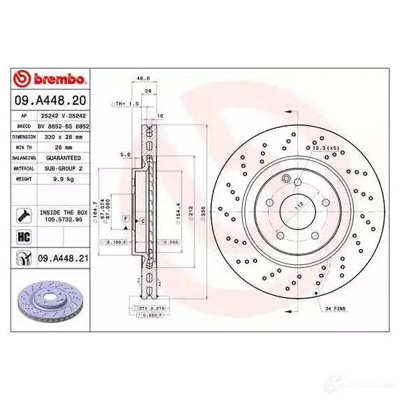 Тормозной диск BREMBO PYKU3 A 8020584028728 791303 09.A448.21 изображение 2