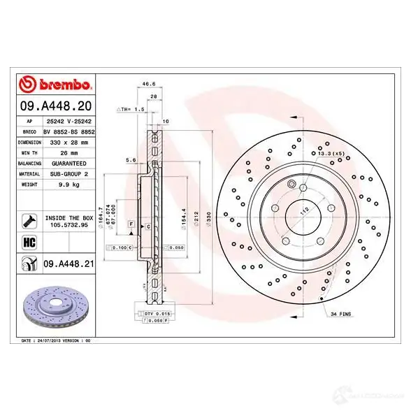 Тормозной диск BREMBO PYKU3 A 8020584028728 791303 09.A448.21 изображение 4