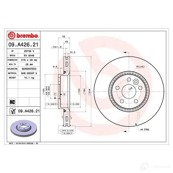 Тормозной диск BREMBO EQR L1A 09.A426.21 1422939212 изображение 0