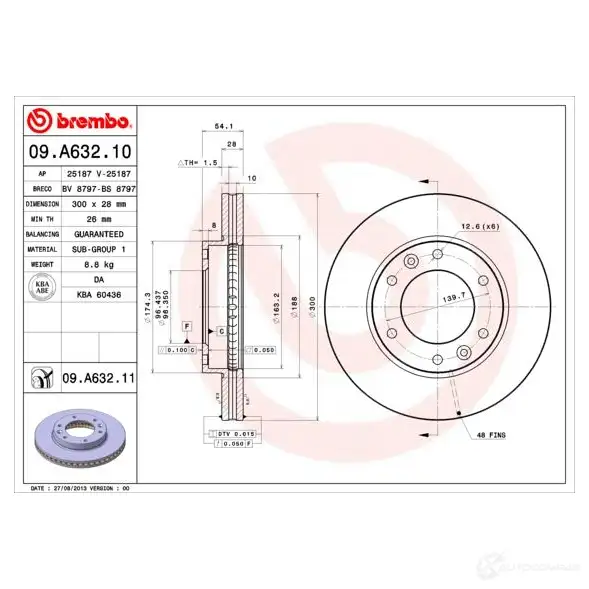 Тормозной диск BREMBO 8020584038420 09.A632.11 7FI1 H4 791372 изображение 0