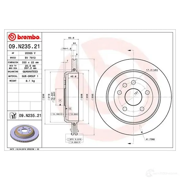 Тормозной диск BREMBO 09.N235.21 SN 9X6I8 1438329648 изображение 4