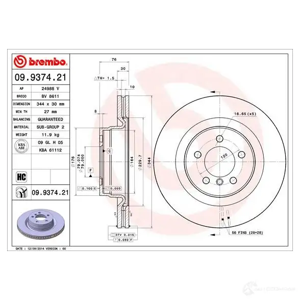 Тормозной диск BREMBO 8020584014523 790918 ZT VHHLW 09.9374.21 - Изображение 1