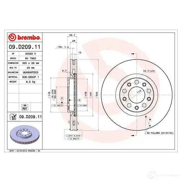 Тормозной диск BREMBO 1438329660 9V RLO 09.D209.11 изображение 1