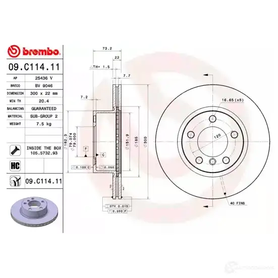 Тормозной диск BREMBO 791703 EJ AJKRV 09.C114.11 8020584220986 изображение 2