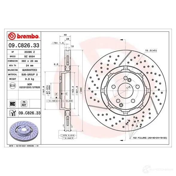 Тормозной диск BREMBO 1 RGRUFK 1438329692 09.C826.33 изображение 0