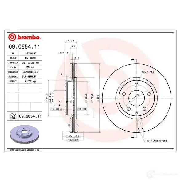 Тормозной диск BREMBO 1438329700 9ZDFL O0 09.C654.11 изображение 4