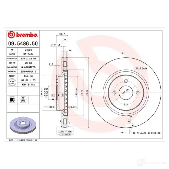 Тормозной диск BREMBO 09.5486.50 P1 09WF 8020584548653 790134 изображение 0