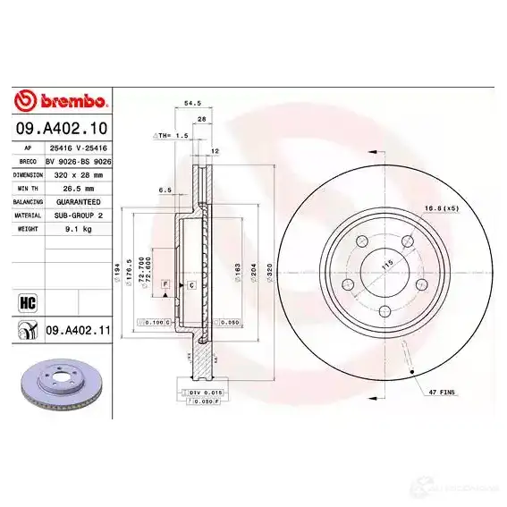 Тормозной диск BREMBO 791270 0ON4 1P 8020584216224 09.A402.11 - Изображение 1