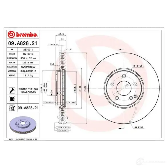 Тормозной диск BREMBO 09.A828.21 7R V00 8020584228951 1422939200 - Изображение 1