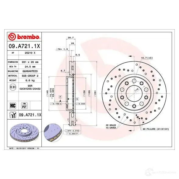 Тормозной диск BREMBO HWES JF 791398 09.A721.1X 8020584217535 изображение 4