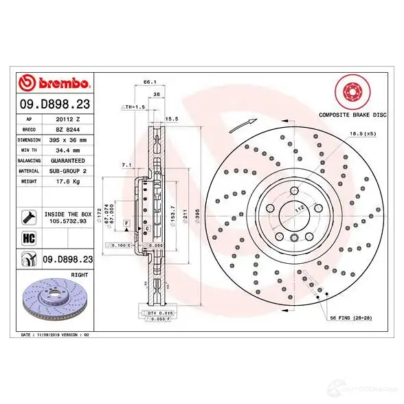 Тормозной диск BREMBO 09.D898.23 QMFIA0 X 1438329719 изображение 0