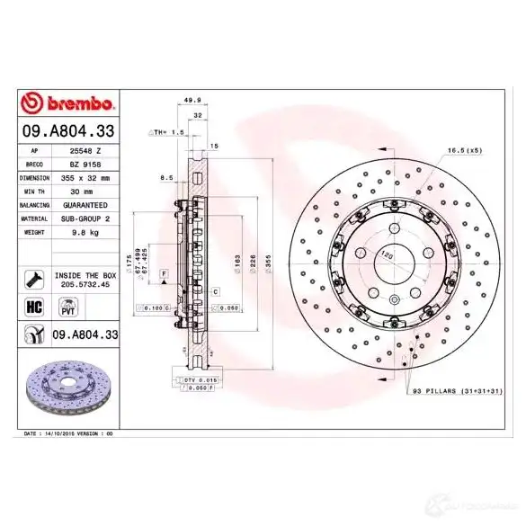 Тормозной диск BREMBO 09.A804.33 8020584215197 X9M 9N9I 791438 изображение 2