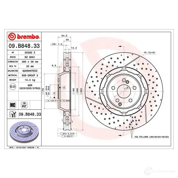 Тормозной диск BREMBO 1438329726 QWV6 O74 09.B848.33